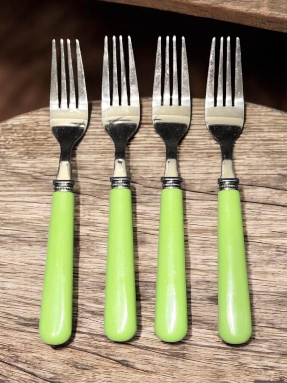 Set/4 Light Green Resin Handle Stainless Steel Dinner Forks Beaded Bolster 7.75"